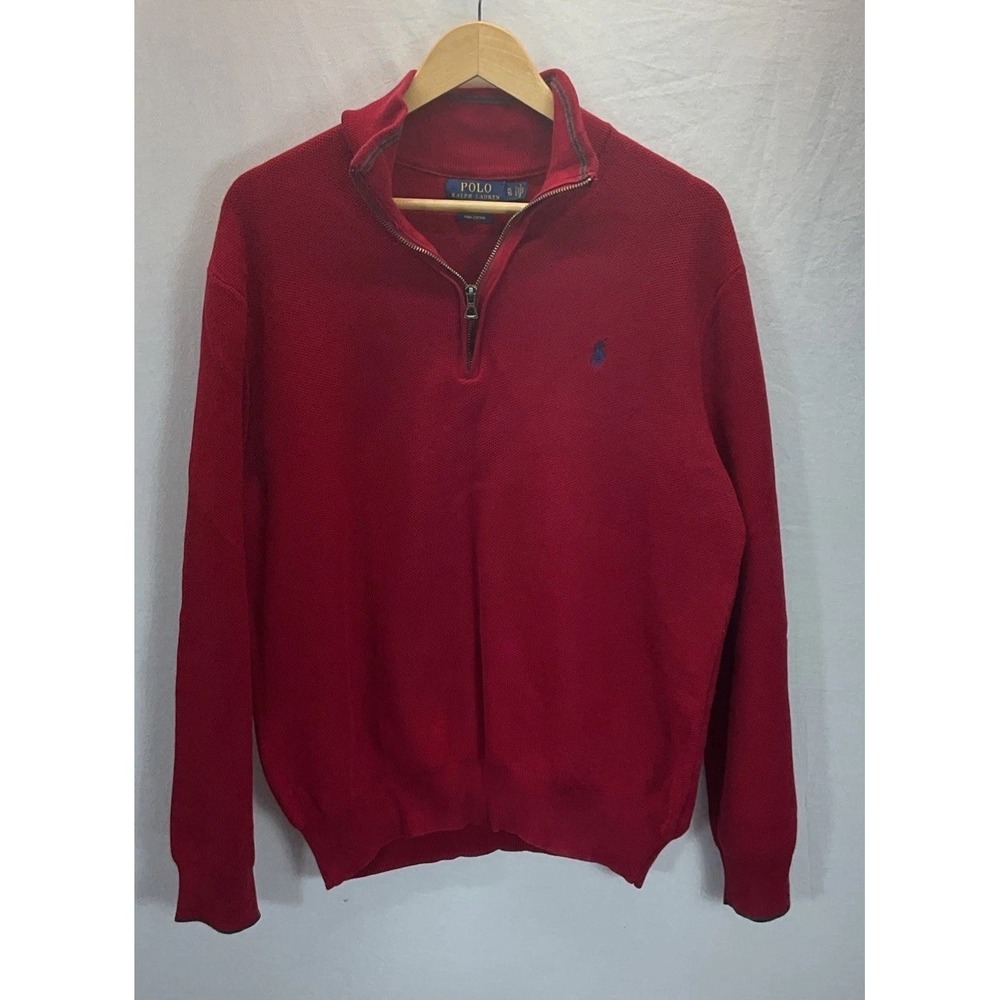Polo Ralph Lauren Red Sweater 1/2 Zip Blue‎ Pony Logo XL Preppy Classic Pima